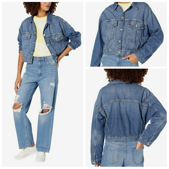 ๐Levi's Oversized Medium Wash Denim Cropped Trucker Jacket - Picture 11 of 12